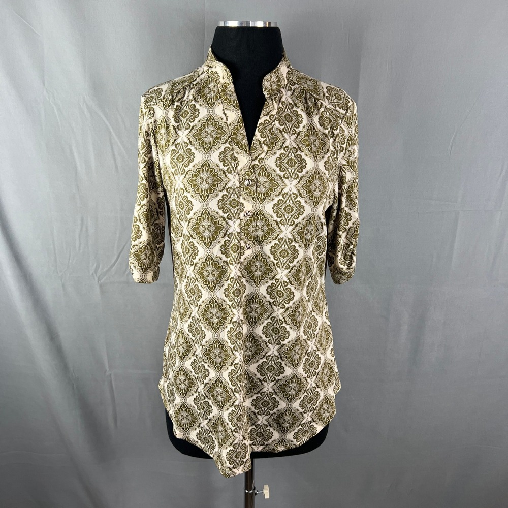 Perception Concept Tunic Blouse Womens M Olive Green Medallion Paisley Print